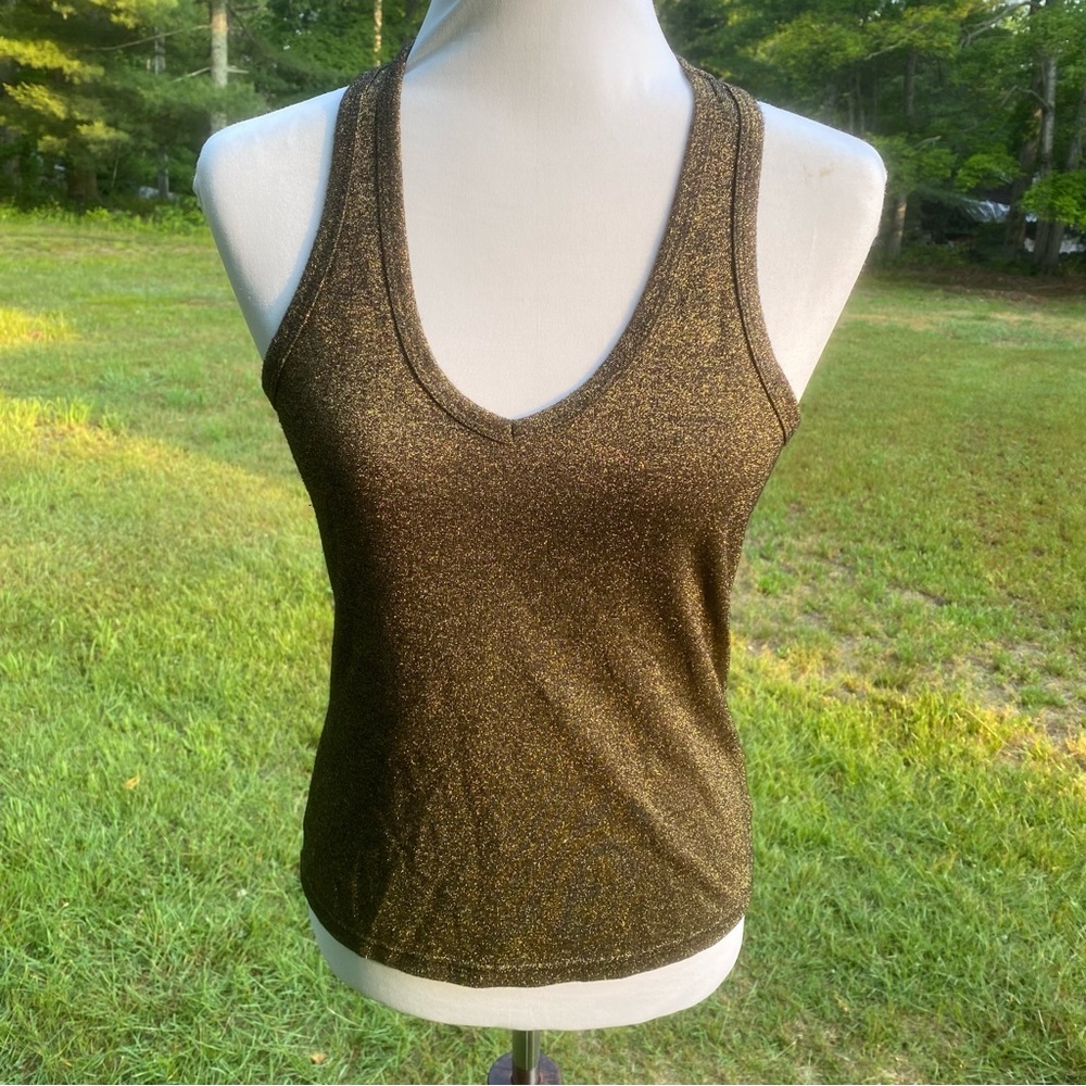 MODA INTERNATIONAL TOP TANK BLACK GOLD METALLIC STRETCH V-NECK RACERBACK SIZE S